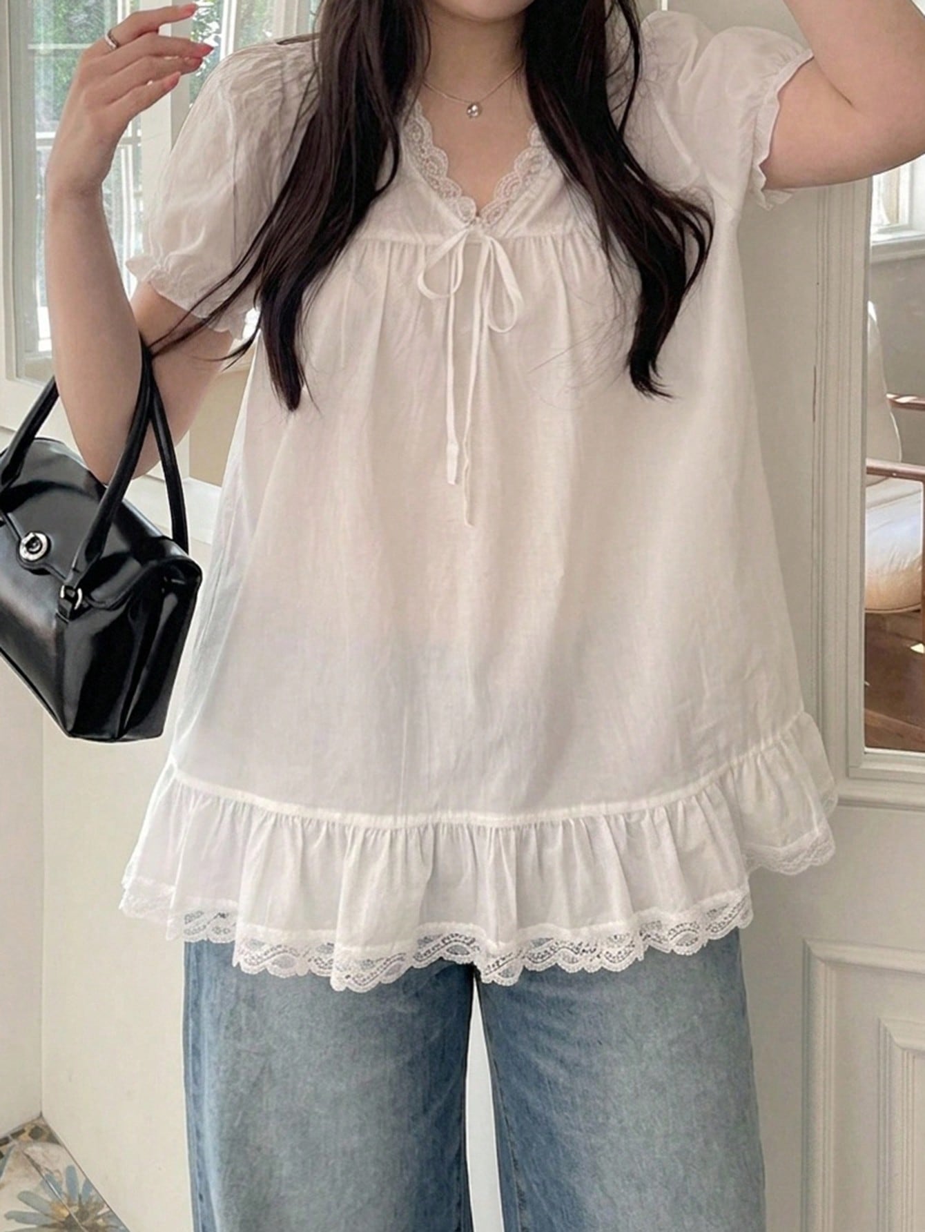 Dazy Plus White V-Neck Lace Trim Loose Blouse Petal Sleeve Elegant Slimming Casual Shirt Top Spring Autumn