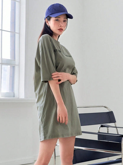 DAZY Slogan Graphic Drop Shoulder Tee Dress Sundress,Casual Women Dresses
