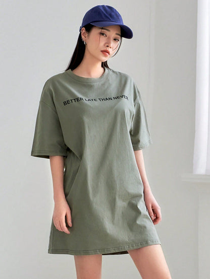 DAZY Slogan Graphic Drop Shoulder Tee Dress Sundress,Casual Women Dresses