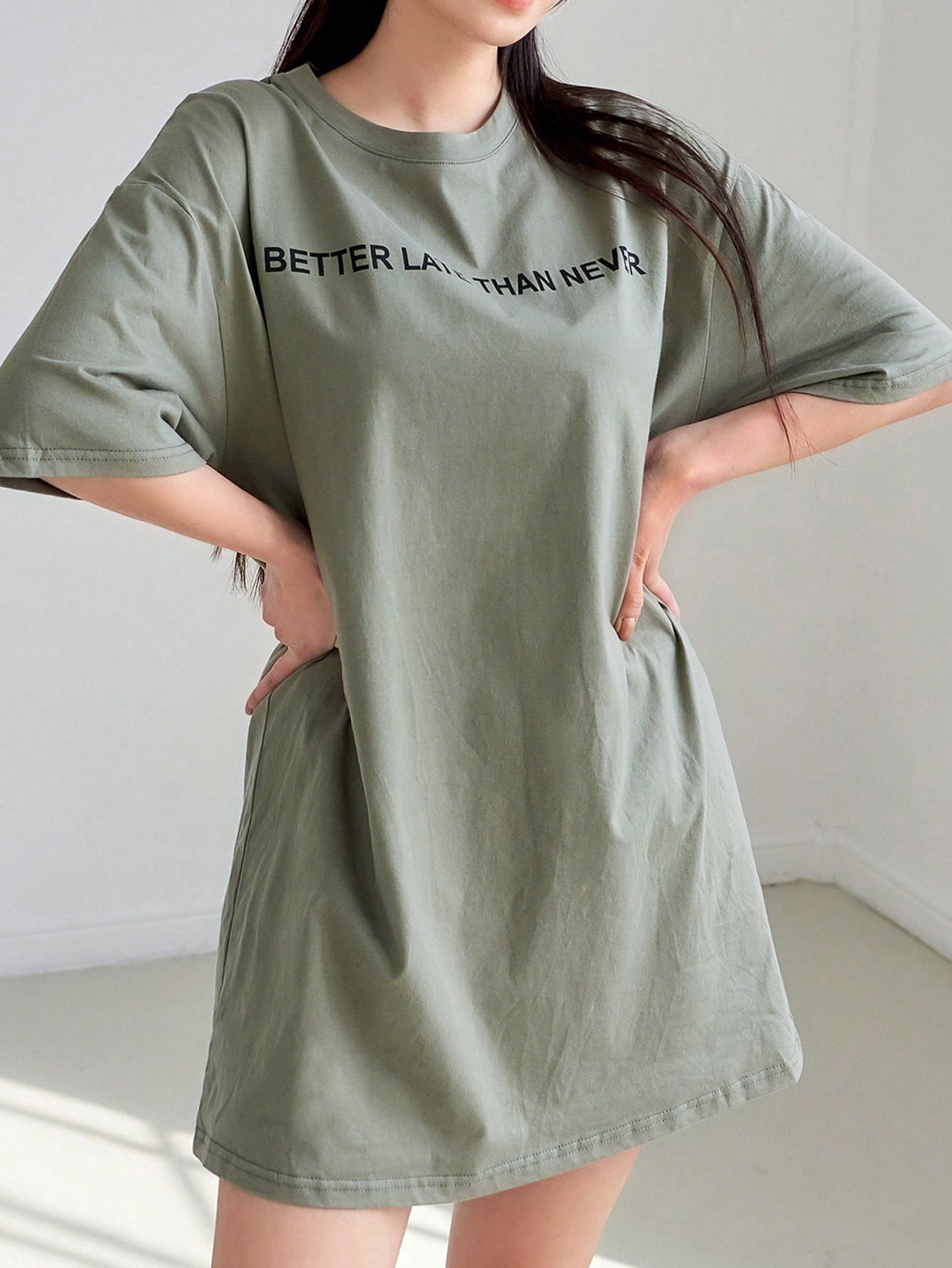 DAZY Slogan Graphic Drop Shoulder Tee Dress Sundress,Casual Women Dresses