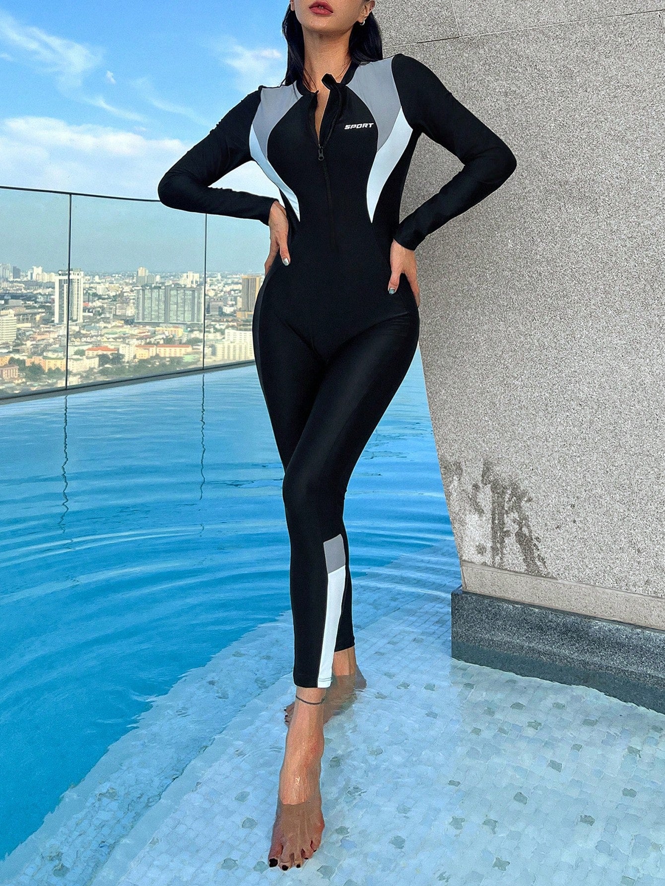 DAZY Women Letter Print Zipper Front Long Sleeve One-Piece Sporty Swimsuit With Color Block Pants For Summer Beach Vacation