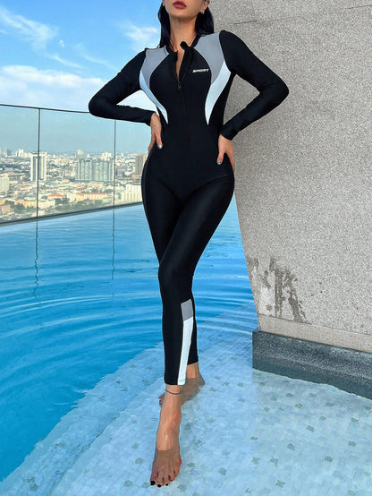 DAZY Women Letter Print Zipper Front Long Sleeve One-Piece Sporty Swimsuit With Color Block Pants For Summer Beach Vacation