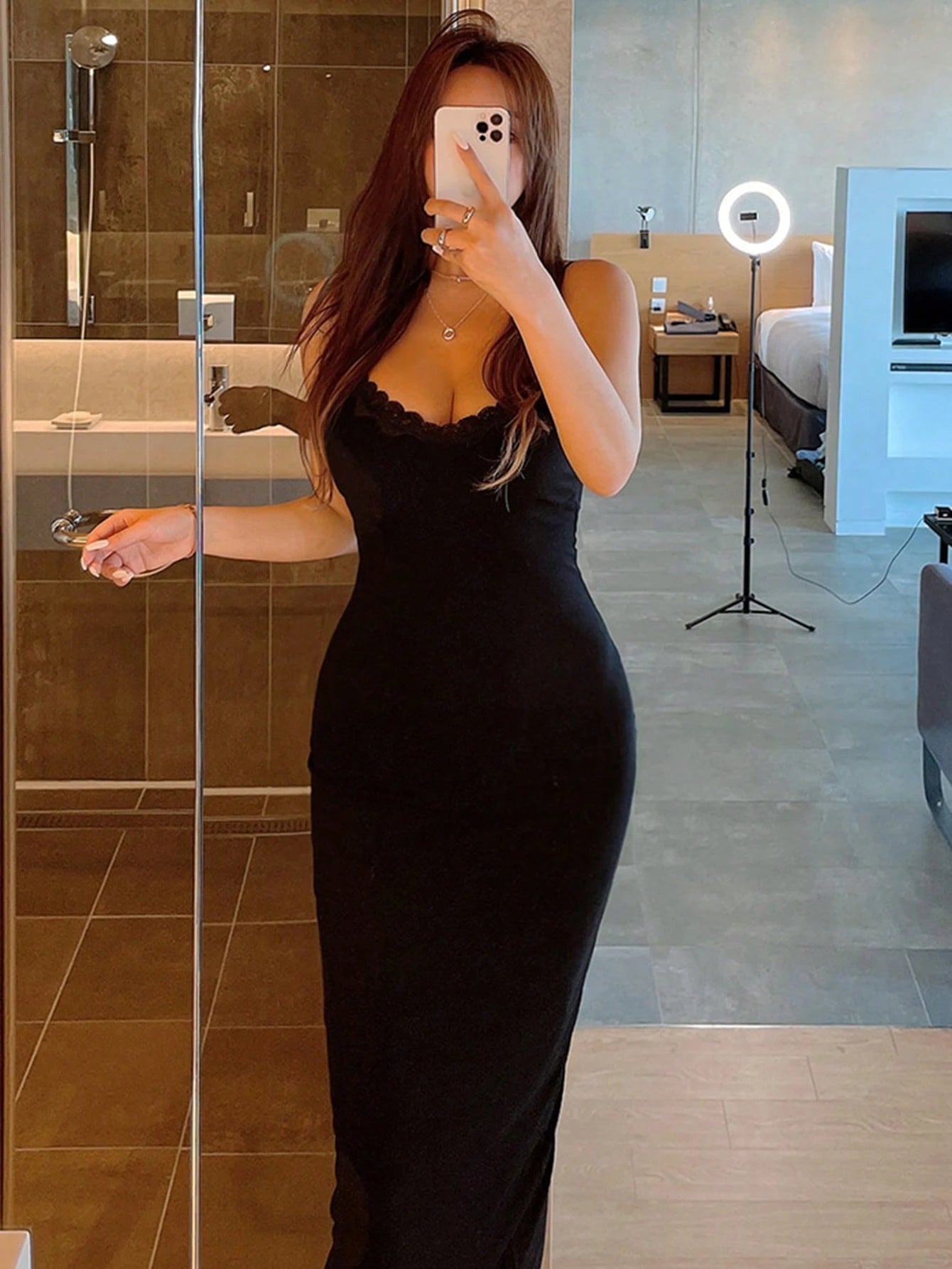 DAZY Women's Black Contrast Lace Rib Knit Cami Bodycon Dress,Seksi Chic Night Out Split Thigh Sleeveless Spaghetti Strap Slim Fit Long Summer Sundress