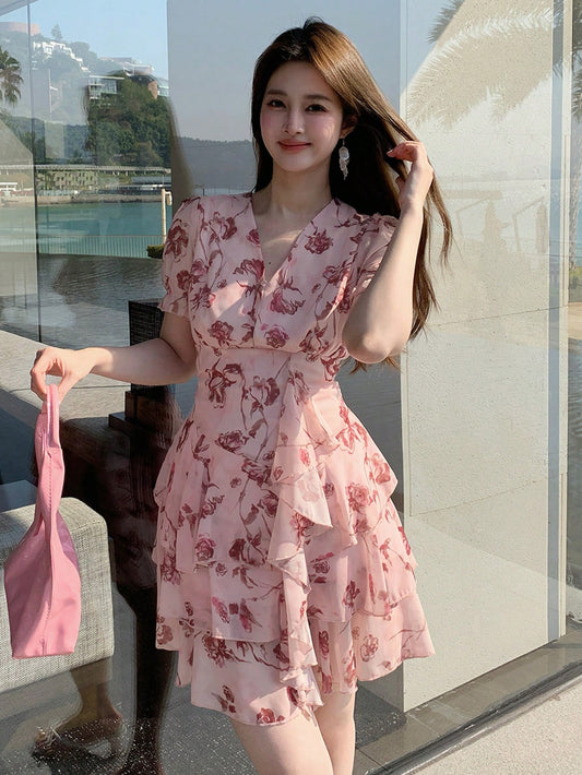 DAZY Women's Floral Print Short Sleeve Dress, Summer,Ruffle Vacation Outfits Women Easter Boho