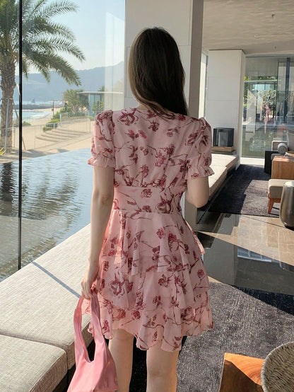 DAZY Women's Floral Print Short Sleeve Dress, Summer,Ruffle Vacation Outfits Women Easter Boho