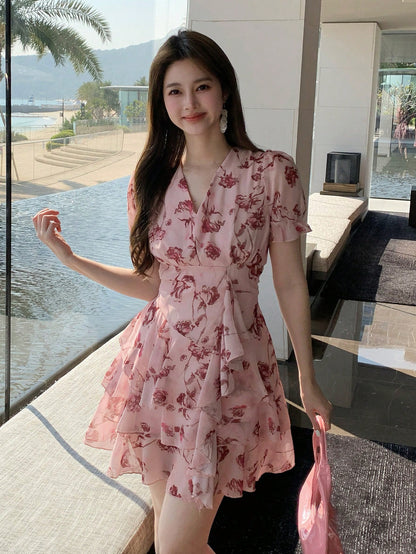 DAZY Women's Floral Print Short Sleeve Dress, Summer,Ruffle Vacation Outfits Women Easter Boho