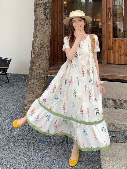 DAZY Women's Round Neck Korean Style All-Over Print Loose Casual Mid-Length Dress, Spring/Summer Floral Dresses For Women Sun Dresses For Women