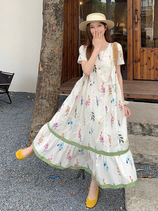 DAZY Women's Round Neck Korean Style All-Over Print Loose Casual Mid-Length Dress, Spring/Summer Floral Dresses For Women Sun Dresses For Women