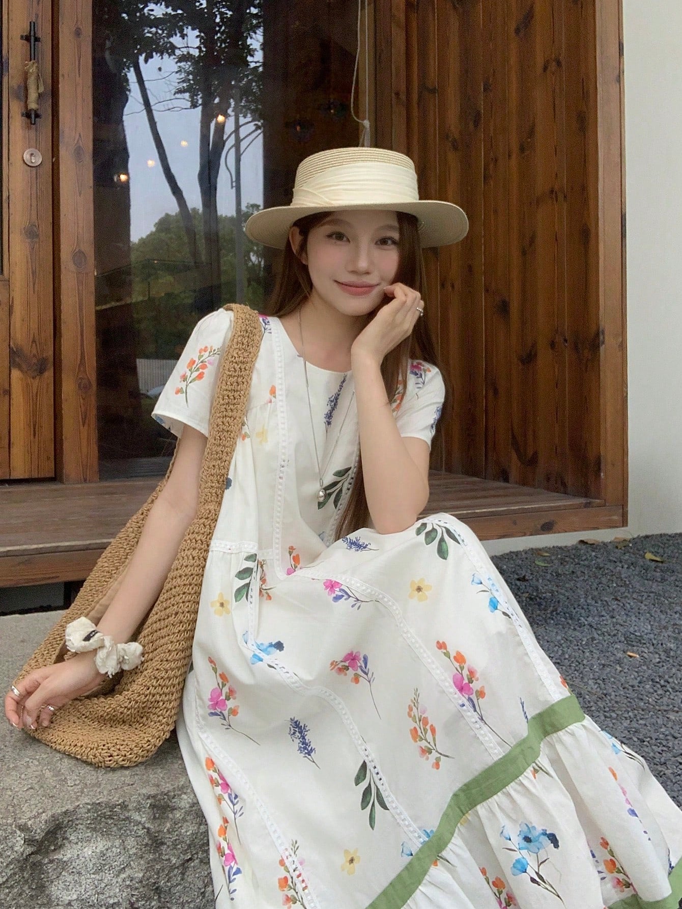 DAZY Women's Round Neck Korean Style All-Over Print Loose Casual Mid-Length Dress, Spring/Summer Floral Dresses For Women Sun Dresses For Women
