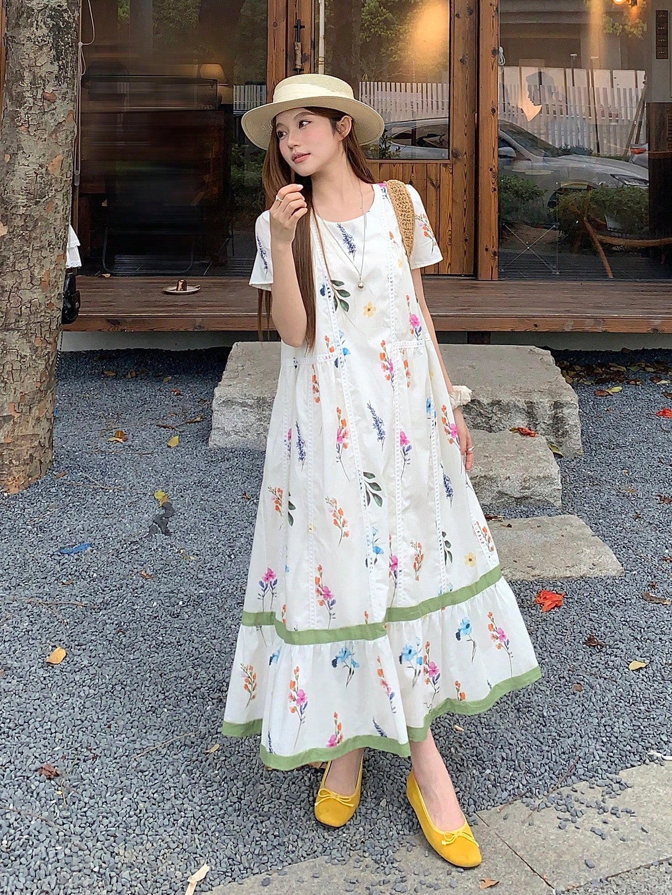 DAZY Women's Round Neck Korean Style All-Over Print Loose Casual Mid-Length Dress, Spring/Summer Floral Dresses For Women Sun Dresses For Women