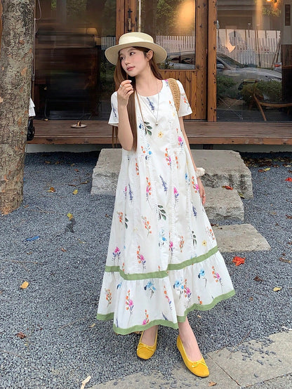 DAZY Women's Round Neck Korean Style All-Over Print Loose Casual Mid-Length Dress, Spring/Summer Floral Dresses For Women Sun Dresses For Women