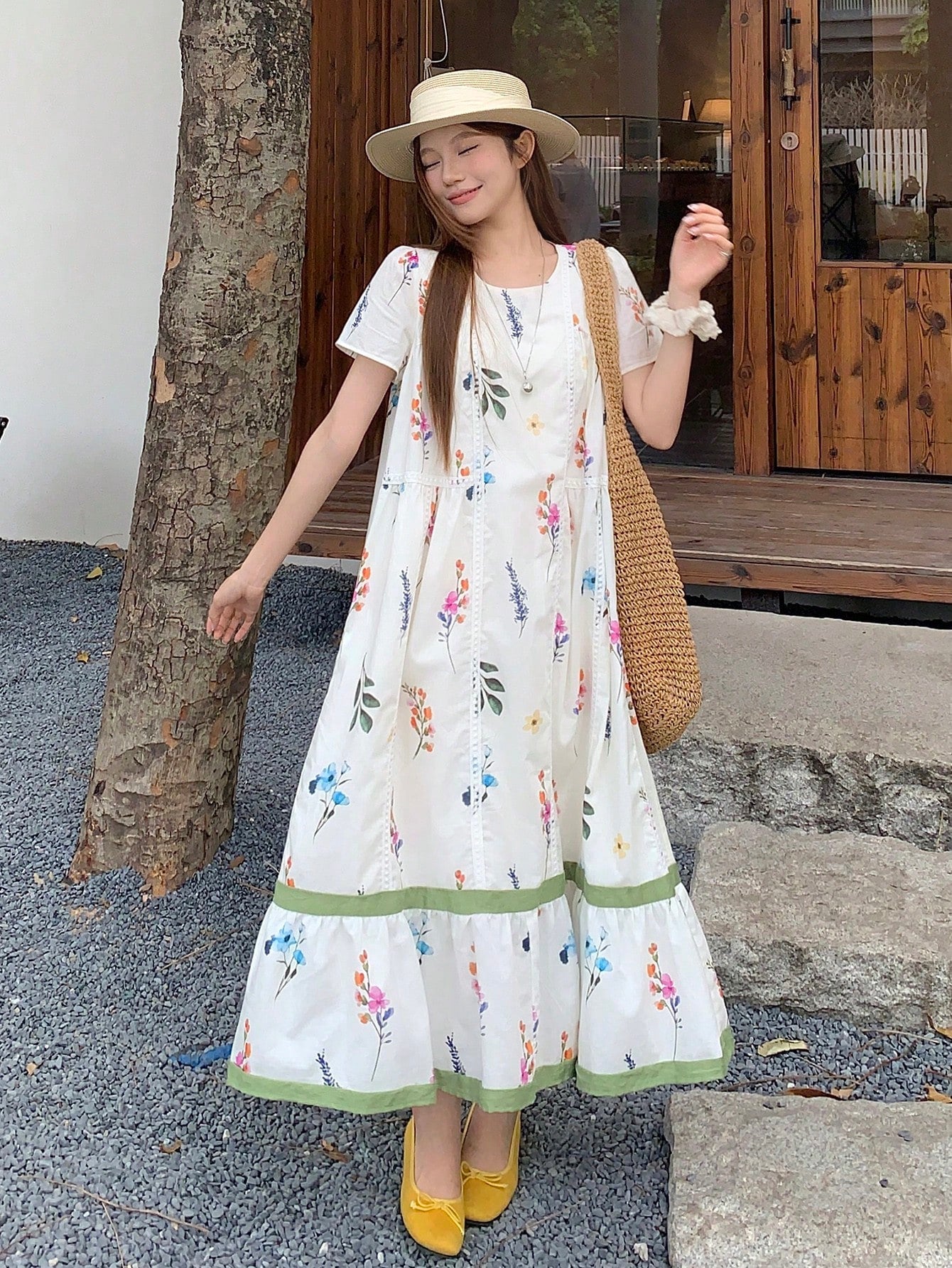 DAZY Women's Round Neck Korean Style All-Over Print Loose Casual Mid-Length Dress, Spring/Summer Floral Dresses For Women Sun Dresses For Women