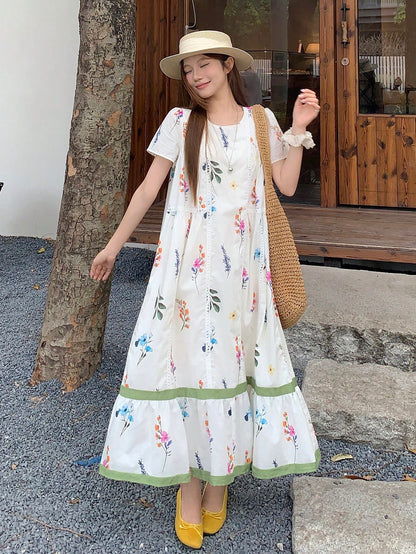 DAZY Women's Round Neck Korean Style All-Over Print Loose Casual Mid-Length Dress, Spring/Summer Floral Dresses For Women Sun Dresses For Women