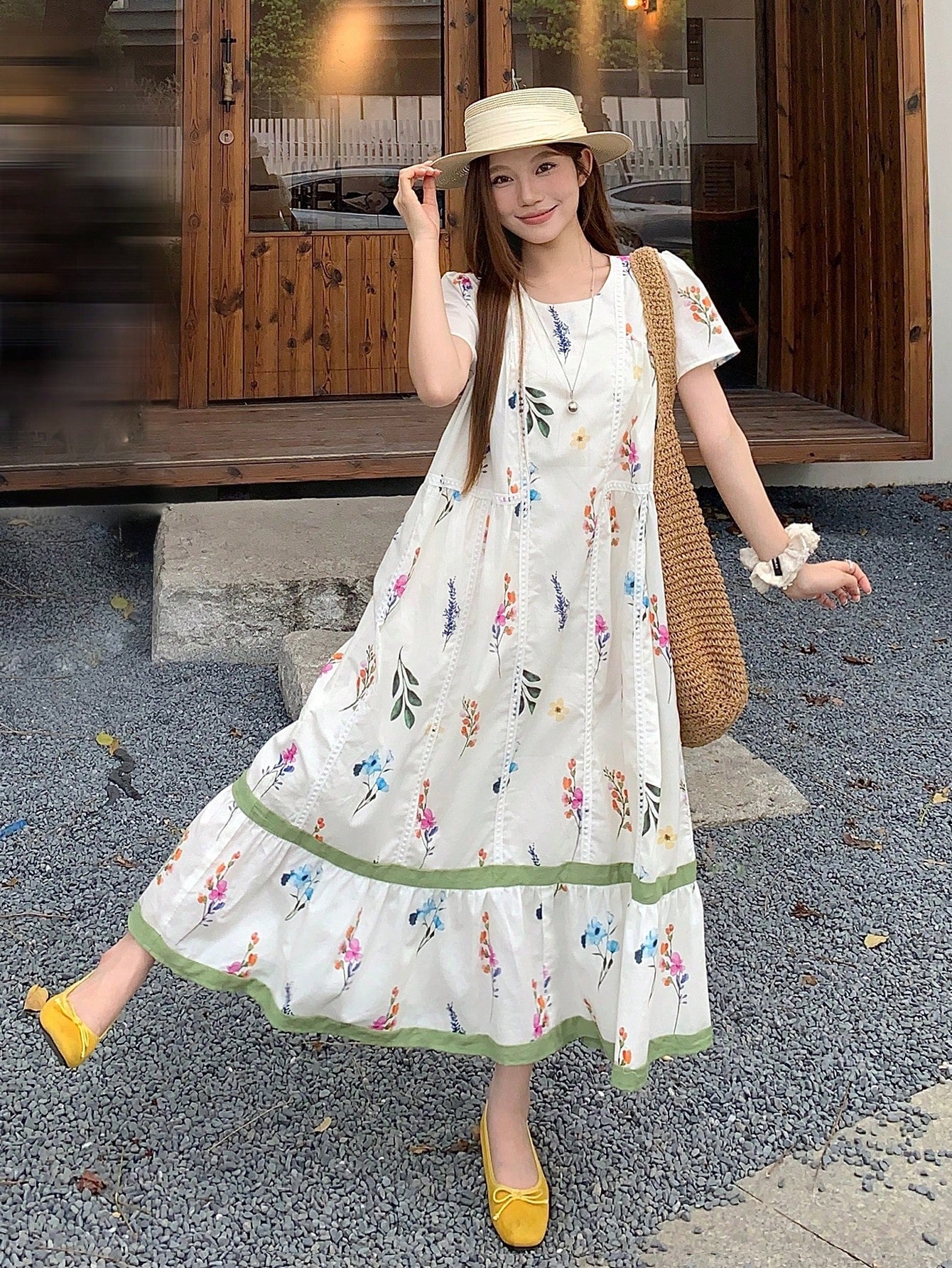 DAZY Women's Round Neck Korean Style All-Over Print Loose Casual Mid-Length Dress, Spring/Summer Floral Dresses For Women Sun Dresses For Women