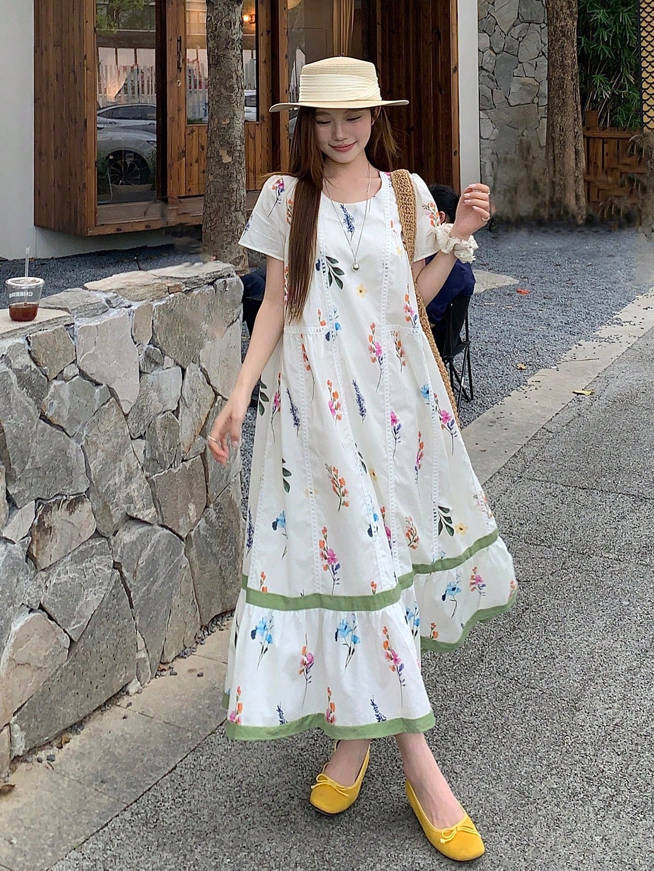 DAZY Women's Round Neck Korean Style All-Over Print Loose Casual Mid-Length Dress, Spring/Summer Floral Dresses For Women Sun Dresses For Women