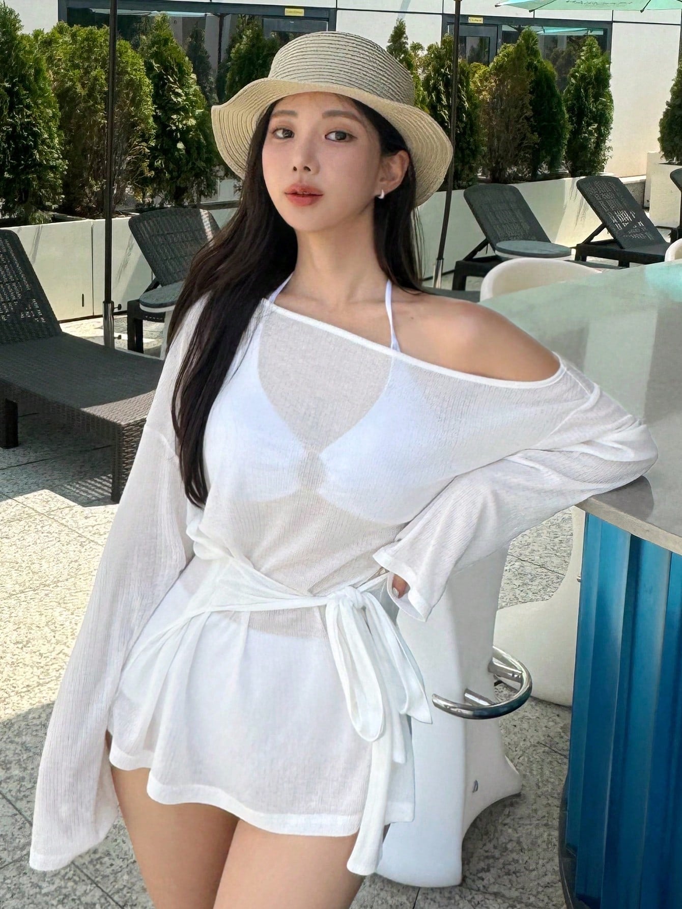 DAZY Women's Solid Color Asymmetrical Neck Long Sleeve Casual Sheer Cover-Up Vacation Beach