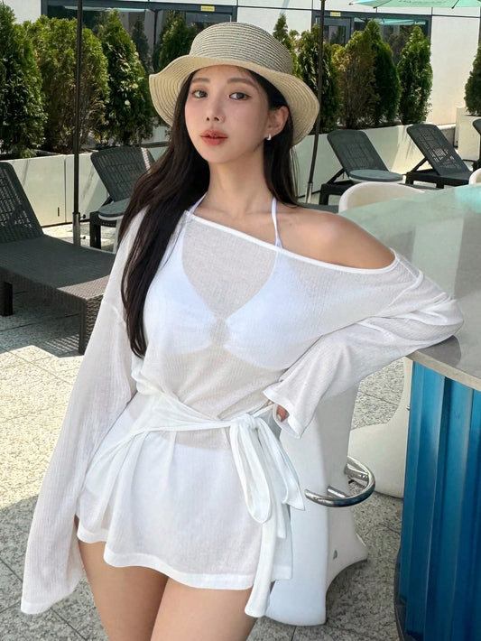 DAZY Women's Solid Color Asymmetrical Neck Long Sleeve Casual Sheer Cover-Up Vacation Beach