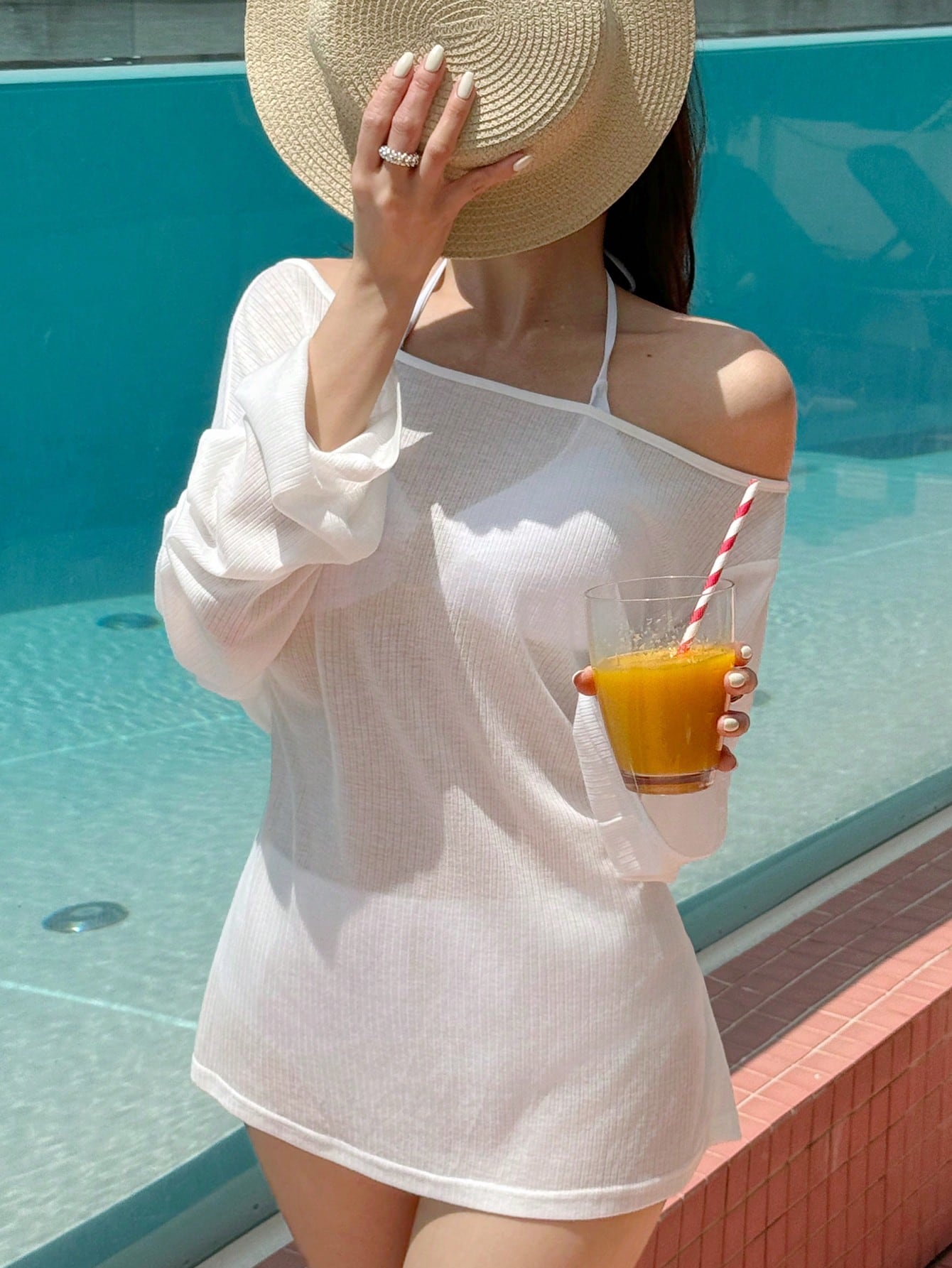 DAZY Women's Solid Color Asymmetrical Neck Long Sleeve Casual Sheer Cover-Up Vacation Beach