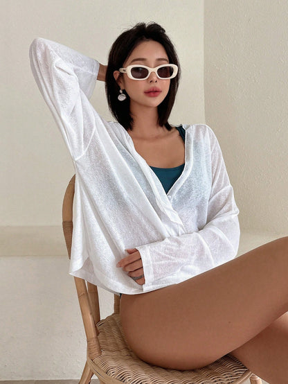 DAZY Women's Solid Color Drop Shoulder Kimono Cover Up Summer Sheer Y2k,Beach Outfits Vacation Outfits Women