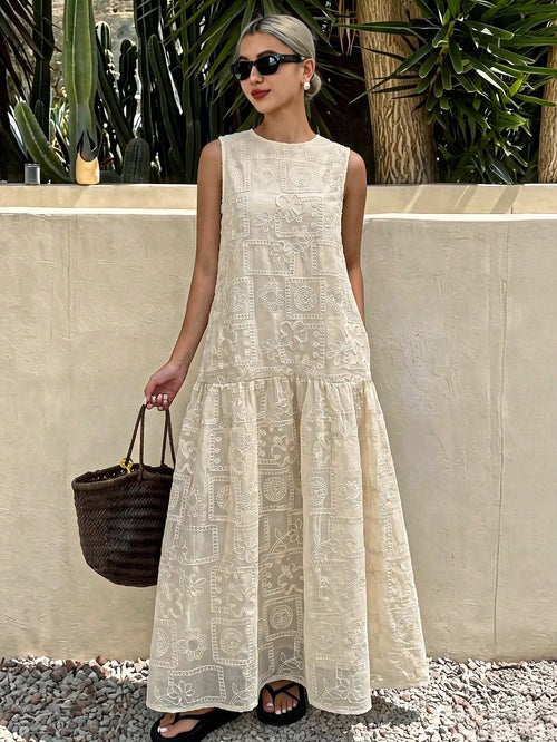 DAZY Women's Summer Beach Vacation Style Solid Color Embroidered Sleeveless Loose Long Dress Sundress