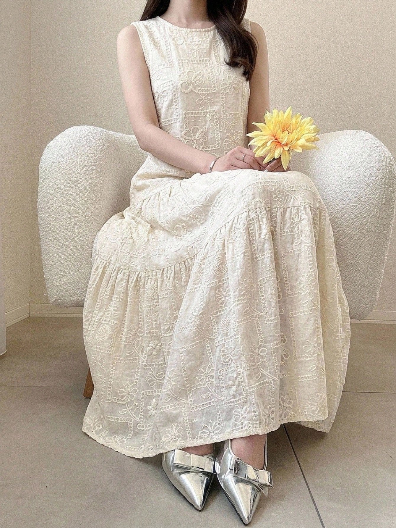 DAZY Women's Summer Beach Vacation Style Solid Color Embroidered Sleeveless Loose Long Dress Sundress
