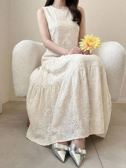 DAZY Women's Summer Beach Vacation Style Solid Color Embroidered Sleeveless Loose Long Dress Sundress