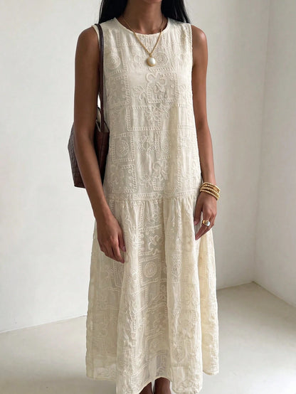 DAZY Women's Summer Beach Vacation Style Solid Color Embroidered Sleeveless Loose Long Dress Sundress