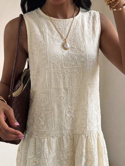 DAZY Women's Summer Beach Vacation Style Solid Color Embroidered Sleeveless Loose Long Dress Sundress