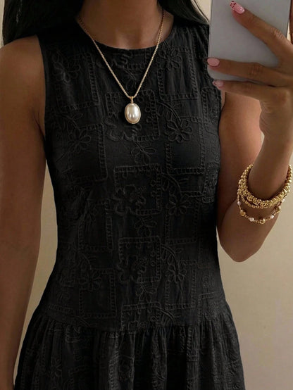 DAZY Women's Summer Beach Vacation Style Solid Color Embroidered Sleeveless Loose Long Dress Sundress