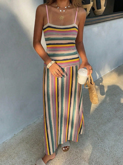 DAZY Women's Summer Vacation Holiday Outfit Green And Pink Fitted Knit Midi Dress With Spaghetti Straps Beach Boho
