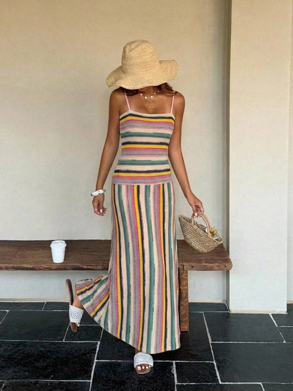 DAZY Women's Summer Vacation Holiday Outfit Green And Pink Fitted Knit Midi Dress With Spaghetti Straps Beach Boho