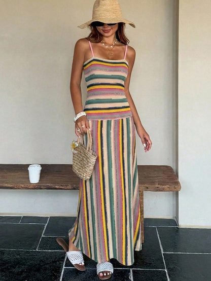DAZY Women's Summer Vacation Holiday Outfit Green And Pink Fitted Knit Midi Dress With Spaghetti Straps Beach Boho