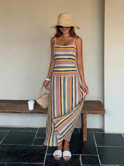 DAZY Women's Summer Vacation Holiday Outfit Green And Pink Fitted Knit Midi Dress With Spaghetti Straps Beach Boho