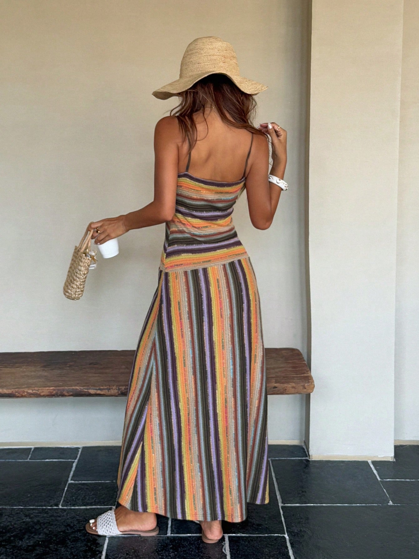 DAZY Women's Summer Vacation Holiday Outfit Green And Pink Fitted Knit Midi Dress With Spaghetti Straps Beach Boho