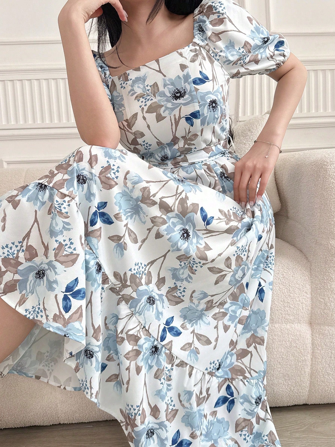 DAZY Women Square Neck Floral Print Mid-Calf Dress With Sash Tie Waist, Back To School Clothes, Teacher Outfits Vacation Outfits Women Easter Dress Boho