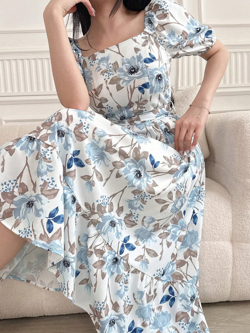 DAZY Women Square Neck Floral Print Mid-Calf Dress With Sash Tie Waist, Back To School Clothes, Teacher Outfits Vacation Outfits Women Easter Dress Boho