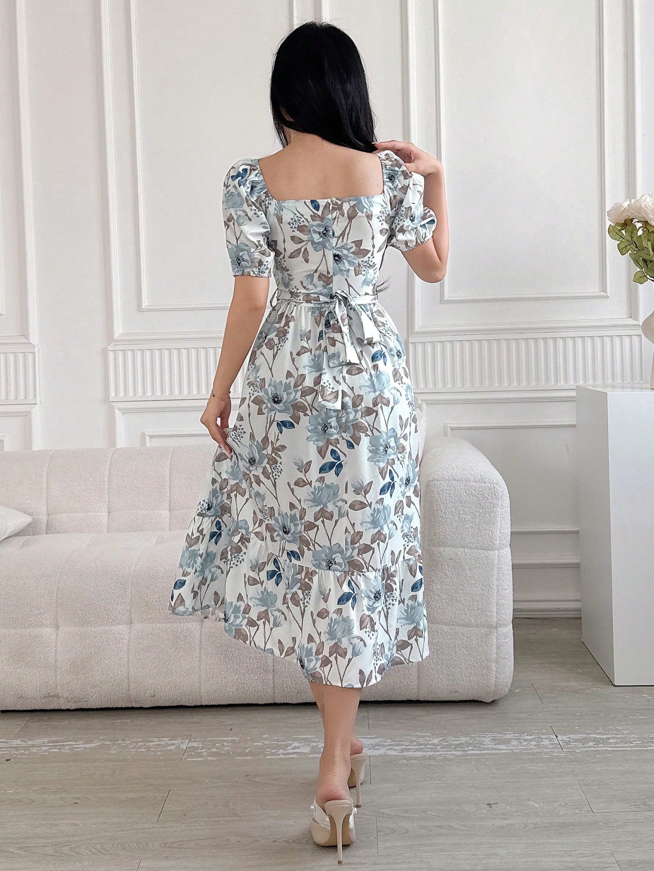 DAZY Women Square Neck Floral Print Mid-Calf Dress With Sash Tie Waist, Back To School Clothes, Teacher Outfits Vacation Outfits Women Easter Dress Boho