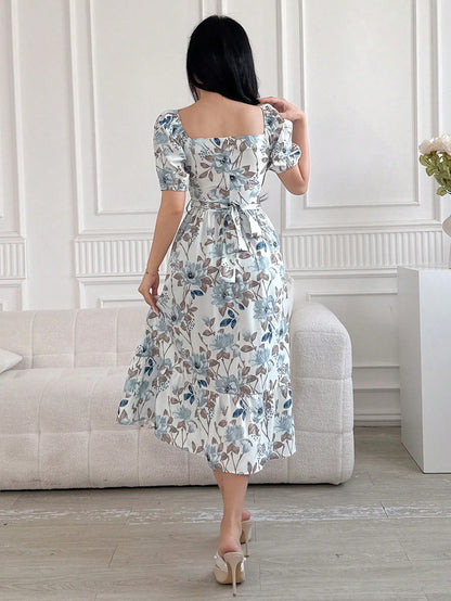DAZY Women Square Neck Floral Print Mid-Calf Dress With Sash Tie Waist, Back To School Clothes, Teacher Outfits Vacation Outfits Women Easter Dress Boho