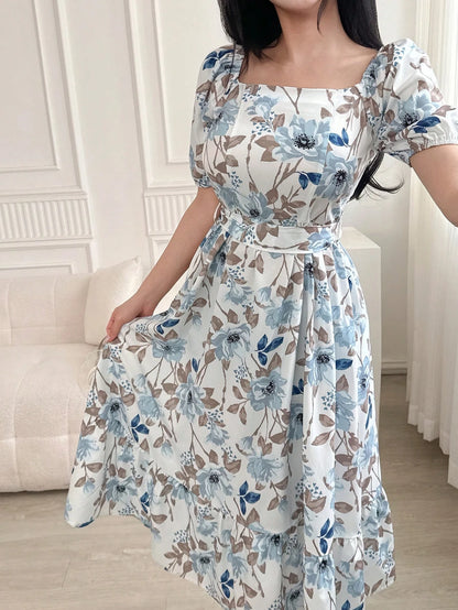DAZY Women Square Neck Floral Print Mid-Calf Dress With Sash Tie Waist, Back To School Clothes, Teacher Outfits Vacation Outfits Women Easter Dress Boho