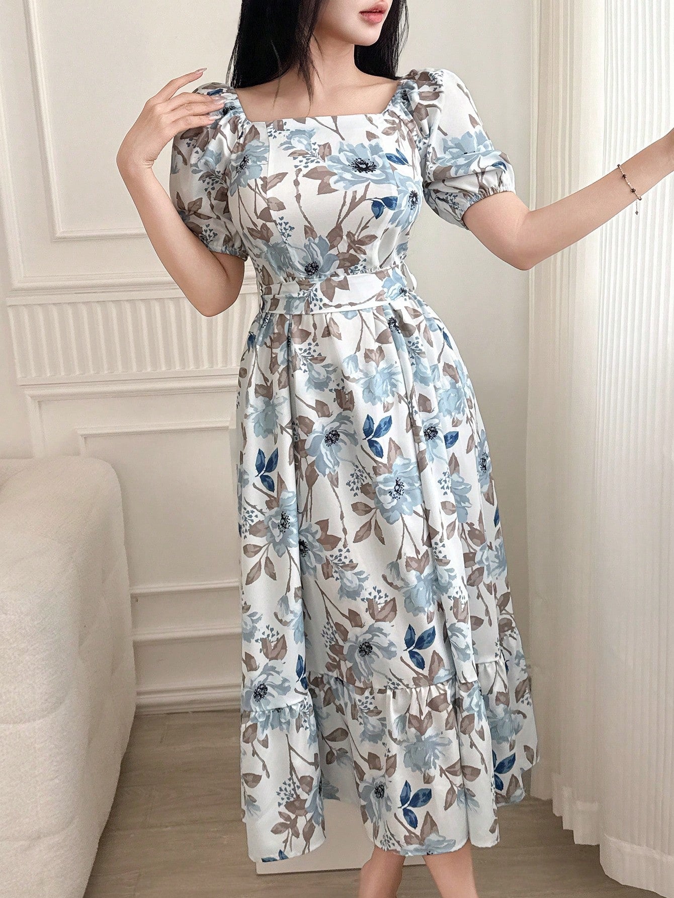 DAZY Women Square Neck Floral Print Mid-Calf Dress With Sash Tie Waist, Back To School Clothes, Teacher Outfits Vacation Outfits Women Easter Dress Boho