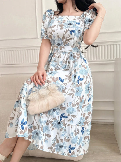 DAZY Women Square Neck Floral Print Mid-Calf Dress With Sash Tie Waist, Back To School Clothes, Teacher Outfits Vacation Outfits Women Easter Dress Boho