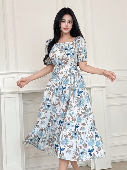 DAZY Women Square Neck Floral Print Mid-Calf Dress With Sash Tie Waist, Back To School Clothes, Teacher Outfits Vacation Outfits Women Easter Dress Boho