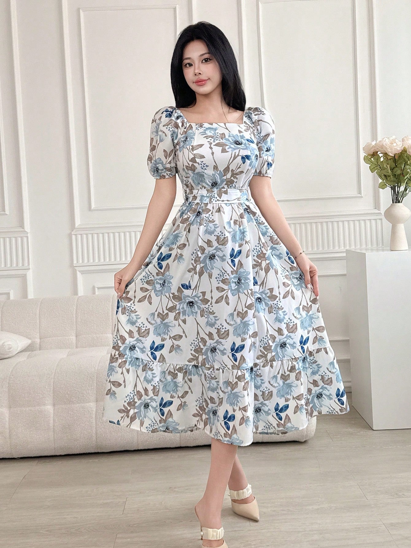 DAZY Women Square Neck Floral Print Mid-Calf Dress With Sash Tie Waist, Back To School Clothes, Teacher Outfits Vacation Outfits Women Easter Dress Boho