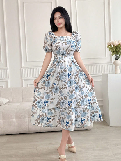 DAZY Women Square Neck Floral Print Mid-Calf Dress With Sash Tie Waist, Back To School Clothes, Teacher Outfits Vacation Outfits Women Easter Dress Boho