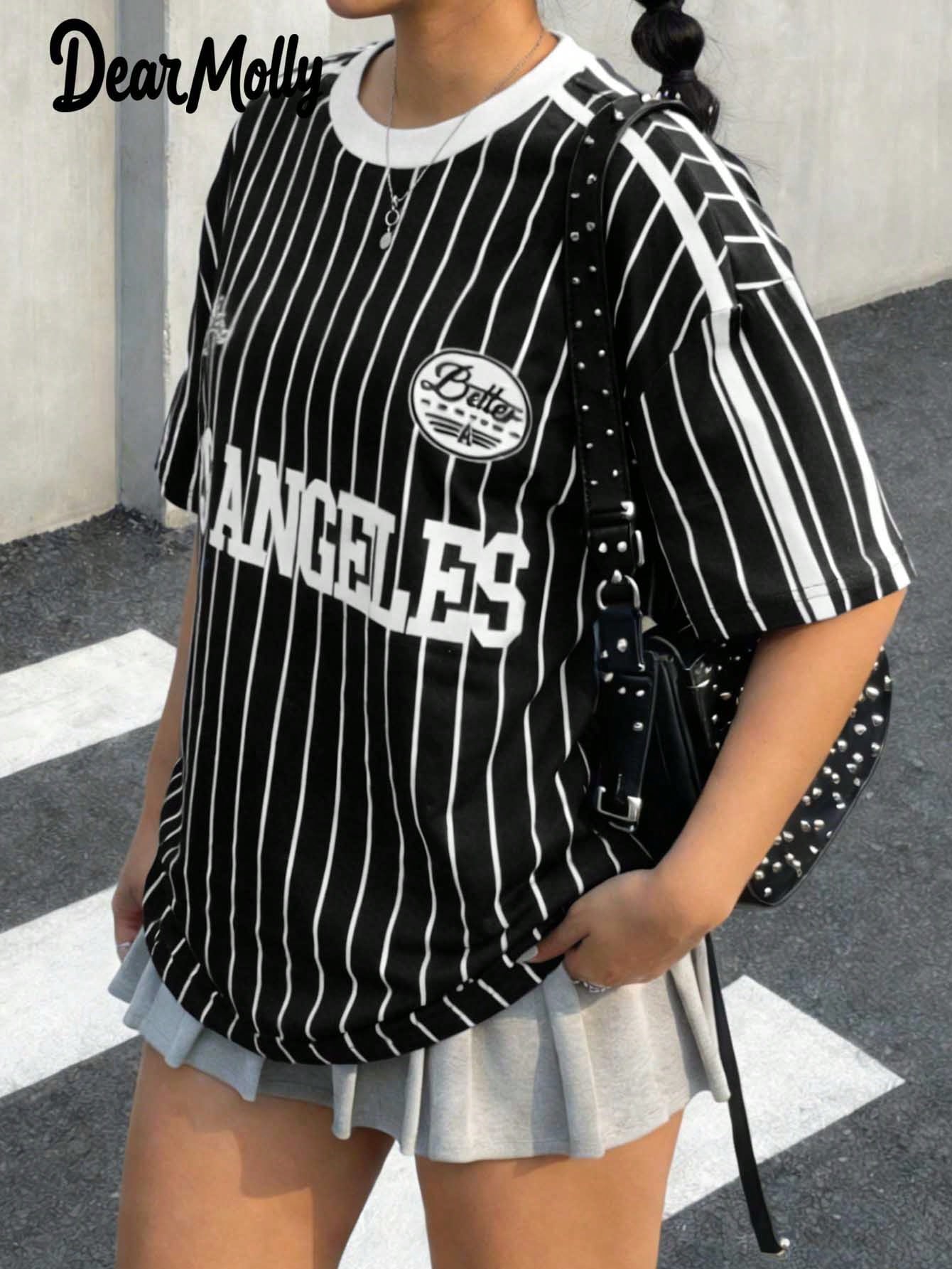 DEAR MOLLY Plus Size Women Casual Striped Sports Numeric Element Sweatshirt, Comfortable Loose Fit Round Neck Top For Everyday Wear Summer