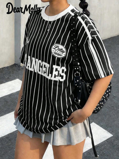 DEAR MOLLY Plus Size Women Casual Striped Sports Numeric Element Sweatshirt, Comfortable Loose Fit Round Neck Top For Everyday Wear Summer