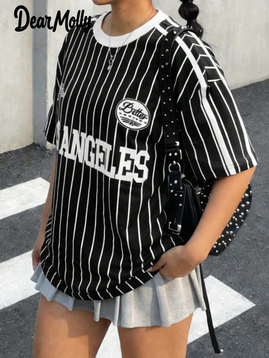 DEAR MOLLY Plus Size Women Casual Striped Sports Numeric Element Sweatshirt, Comfortable Loose Fit Round Neck Top For Everyday Wear Summer