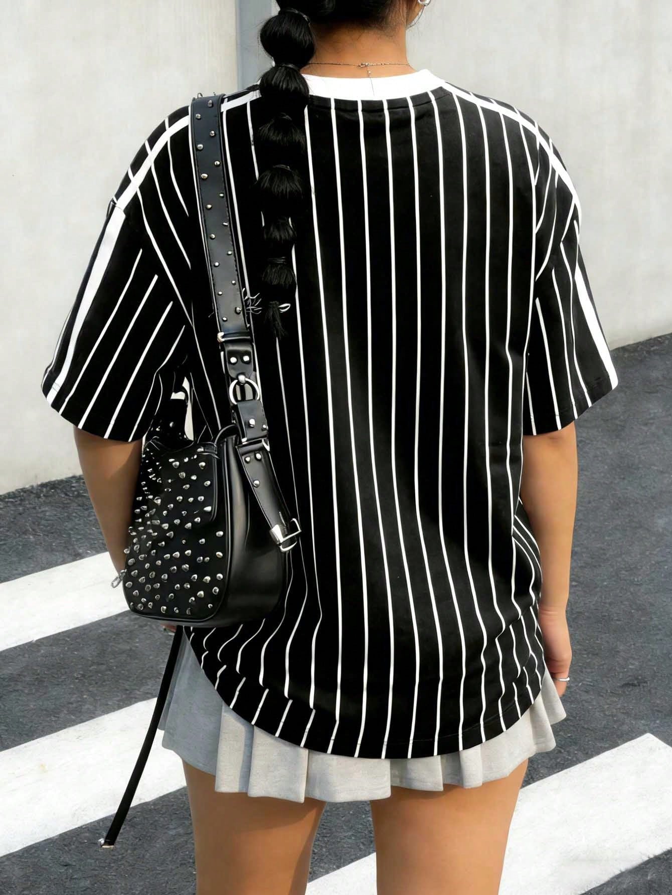 DEAR MOLLY Plus Size Women Casual Striped Sports Numeric Element Sweatshirt, Comfortable Loose Fit Round Neck Top For Everyday Wear Summer