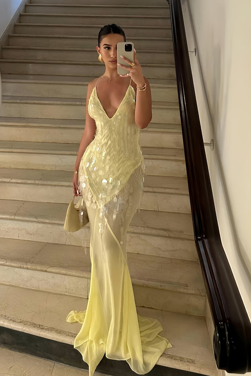 Deep V-Neck Chiffon Evening Prom Dresses, Sequin Mermaid Party Gown, AST1488