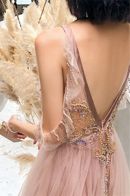 Delicated Champagne Beaded Long Formal Dress with Open Back